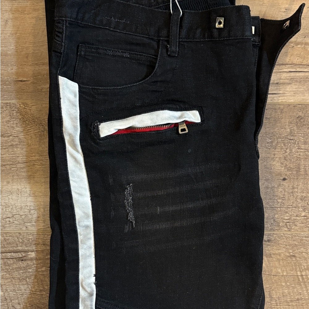 Balmain Men's Skinny Jeans - Black with White & Red Side Stripes - Picture 5 of 7